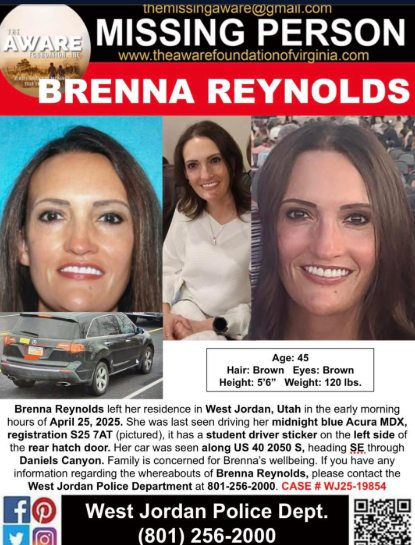 ​The search for 45-year-old Brenna Reynolds, who went missing from West Jordan, Utah, has ended in tragedy. Reynolds was last seen leaving her home early on Friday, April 25, 2025, driving her dark blue Acura MDX. Her disappearance prompted an extensive search effort involving family, friends, and local authorities.